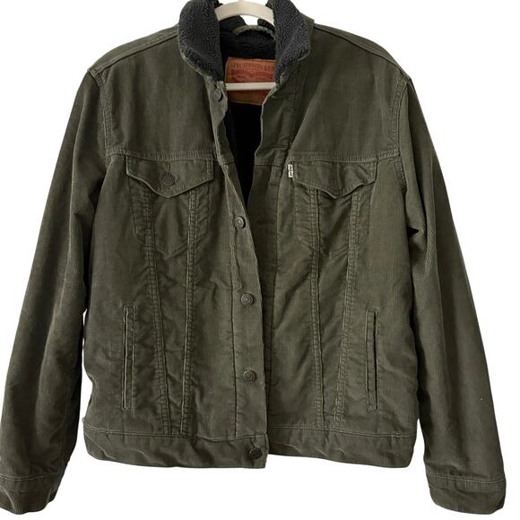 Levi’s Sherpa Lined Corduroy Trucker Jacket Olive Green Size M Retro SAMPLE RARE - Picture 1 of 8